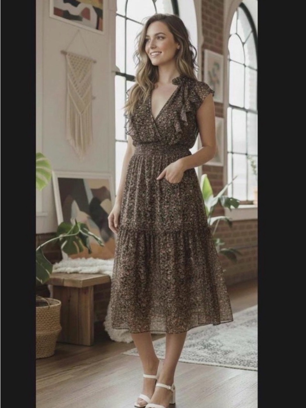 Steve Madden BB Dakota Brown Floral Ruffle Midi Dress